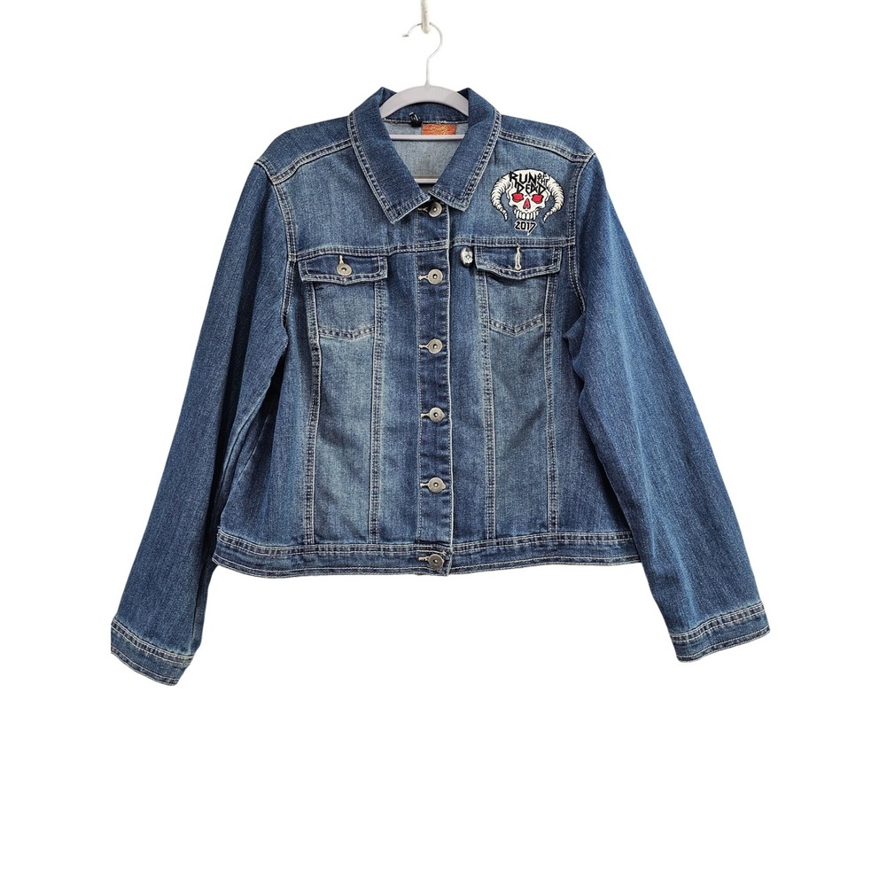 Scully Denim Jacket Womens XL Blue Solid Run of the Dead Graphic Skull Patch EUC